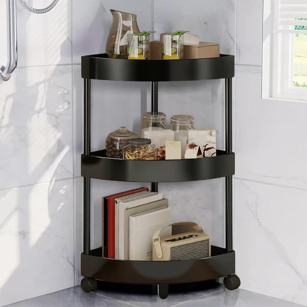 Black Corner Storage Shelf – 3-Tier Rolling Organizer for Bathroom, Kitchen &amp; Bedroom | Space-Saving Aluminum Rack with Wheels | White Available In-Store