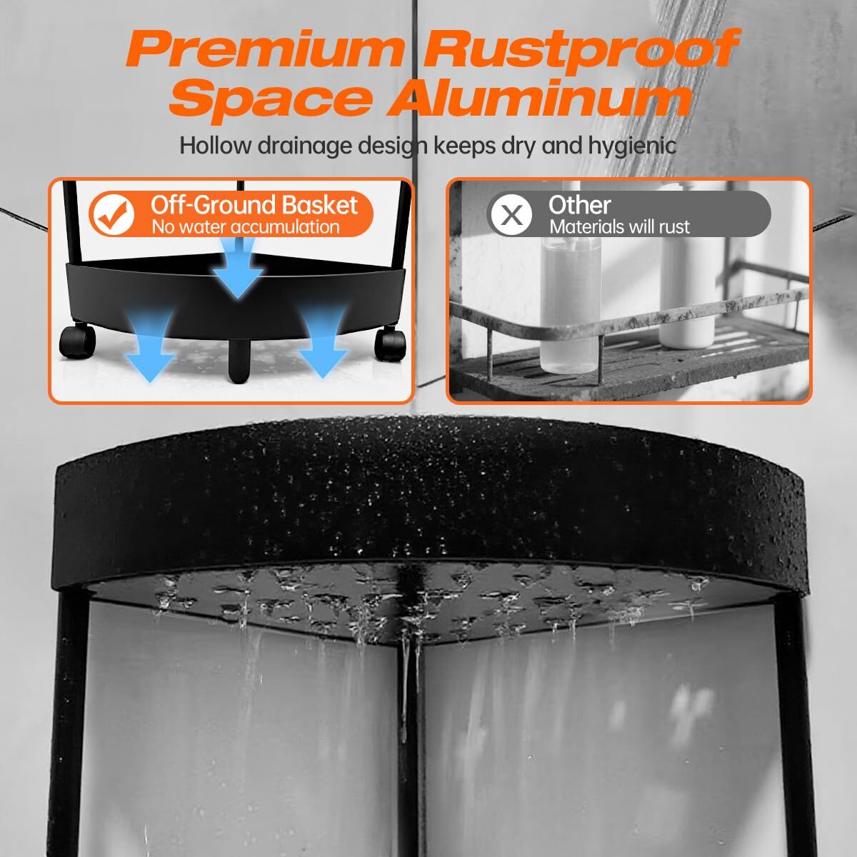 Black Corner Storage Shelf – 3-Tier Rolling Organizer for Bathroom, Kitchen & Bedroom | Space-Saving Aluminum Rack with Wheels | White Available In-Store