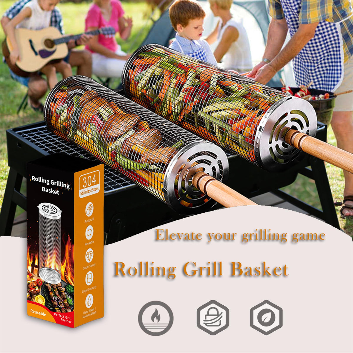Rolling Grill Basket Set with Removable Wooden Handle – 304 Stainless Steel BBQ Rotating Cage for Meat, Vegetables & Seafood (Grey)