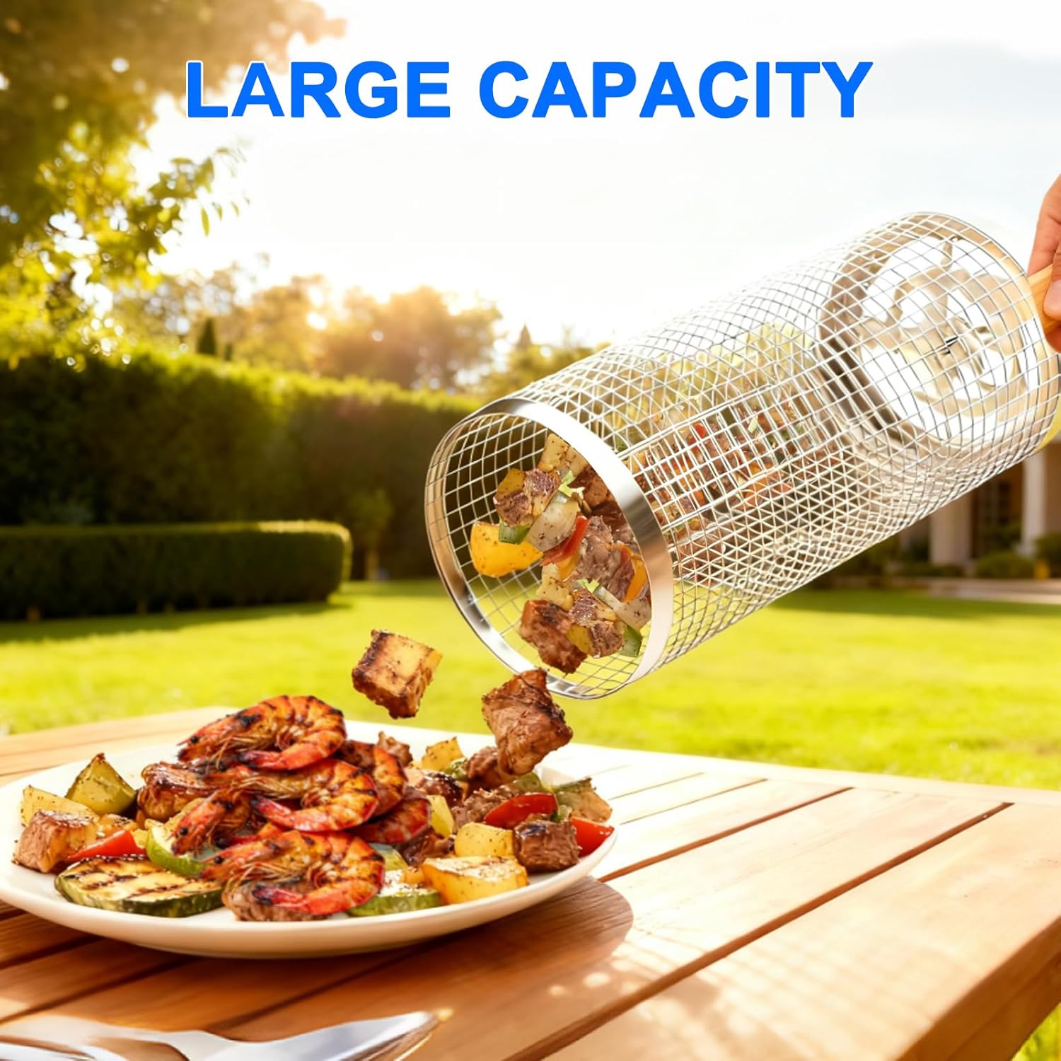 Rolling Grill Basket Set with Removable Wooden Handle – 304 Stainless Steel BBQ Rotating Cage for Meat, Vegetables & Seafood (Grey)