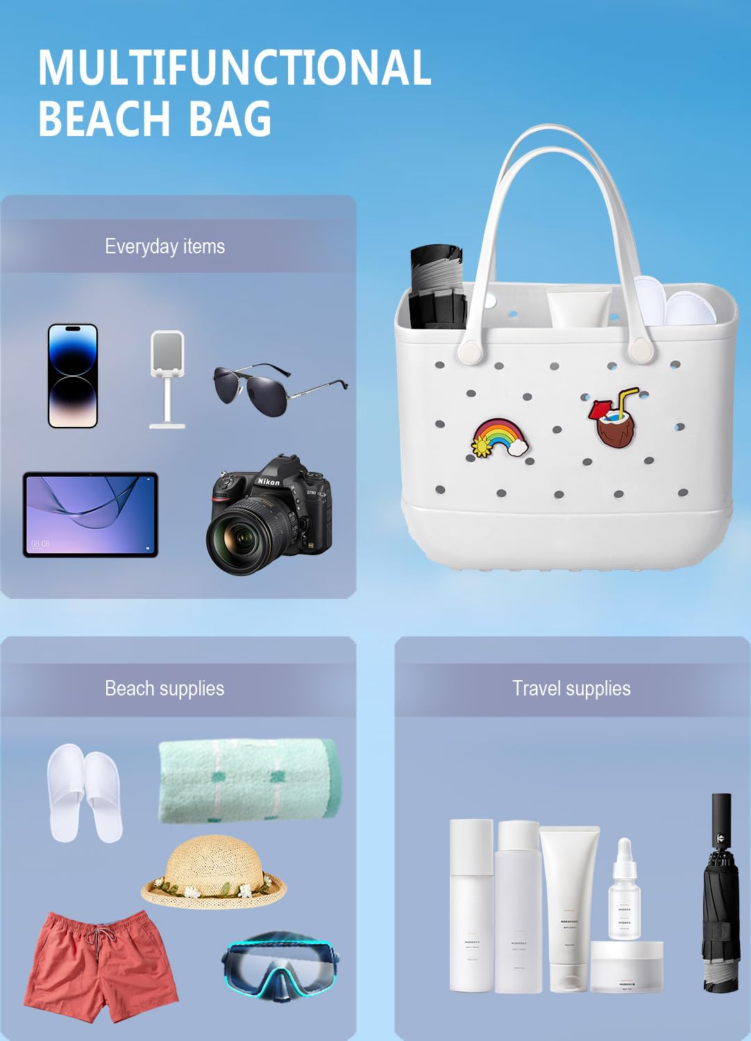 EVA Beach Tote Bag for Swimming, Pool & Travel – Waterproof Washable Rubber Handbag with 2 Random Charms, Lightweight & Sand-Resistant (White)  | Other Colors Available in Store