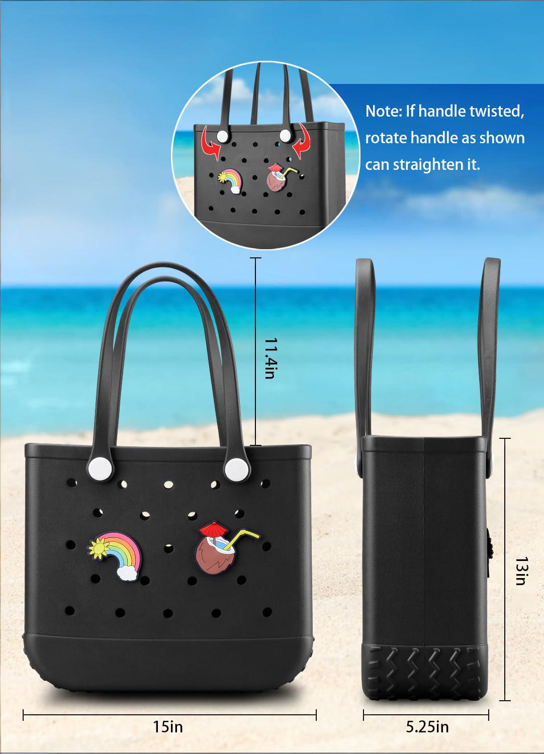 EVA Beach Tote Bag for Swimming, Pool & Travel – Waterproof Washable Rubber Handbag with 2 Random Charms, Lightweight & Sand-Resistant (Black) | Other Colors Available in Store