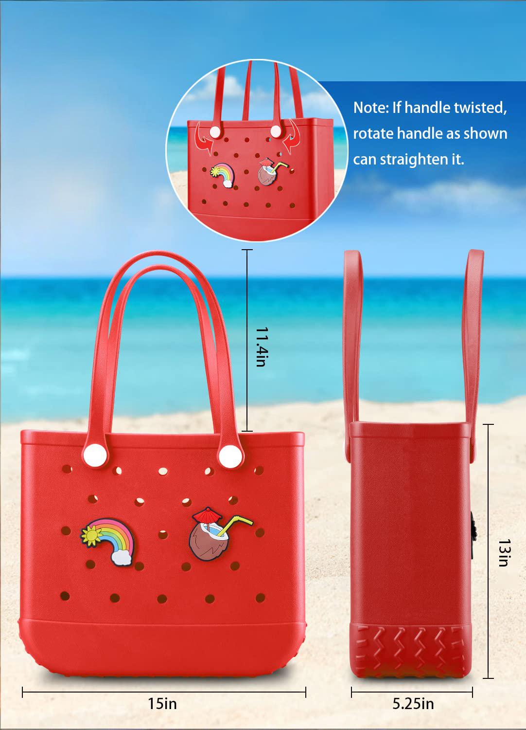 EVA Beach Tote Bag for Swimming, Pool & Travel – Waterproof Washable Rubber Handbag with 2 Random Charms, Lightweight & Sand-Resistant (Red)  | Other Colors Available in Store