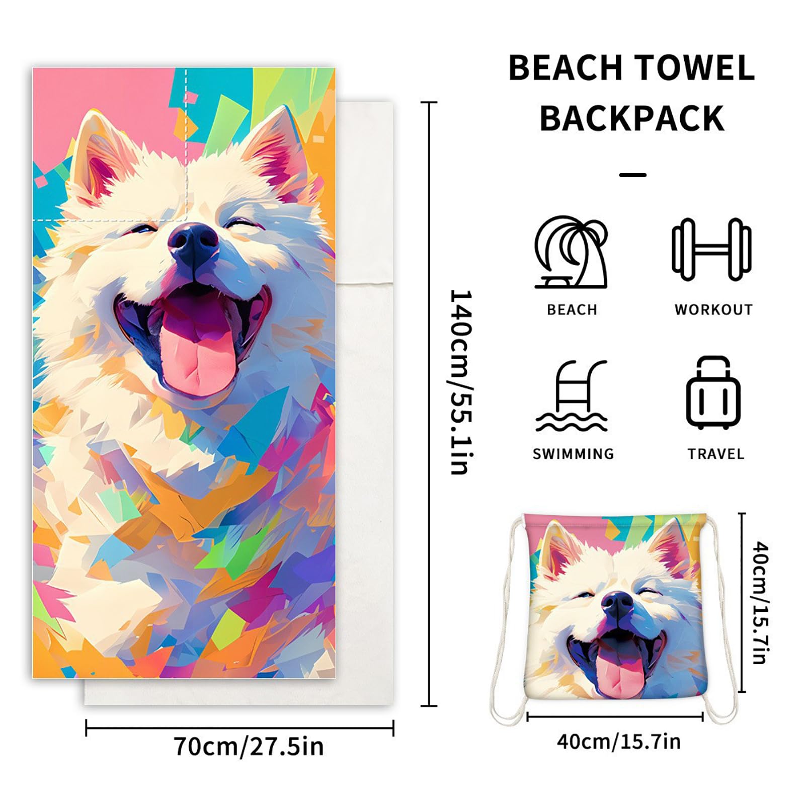 Dual-Function Foldable Beach Towel with Built-in Backpack – Soft Microfiber Towel & Compact Carry Bag in One, 55-Inch Large Size for Swimming, Travel, Picnic (Dog,Colorful)