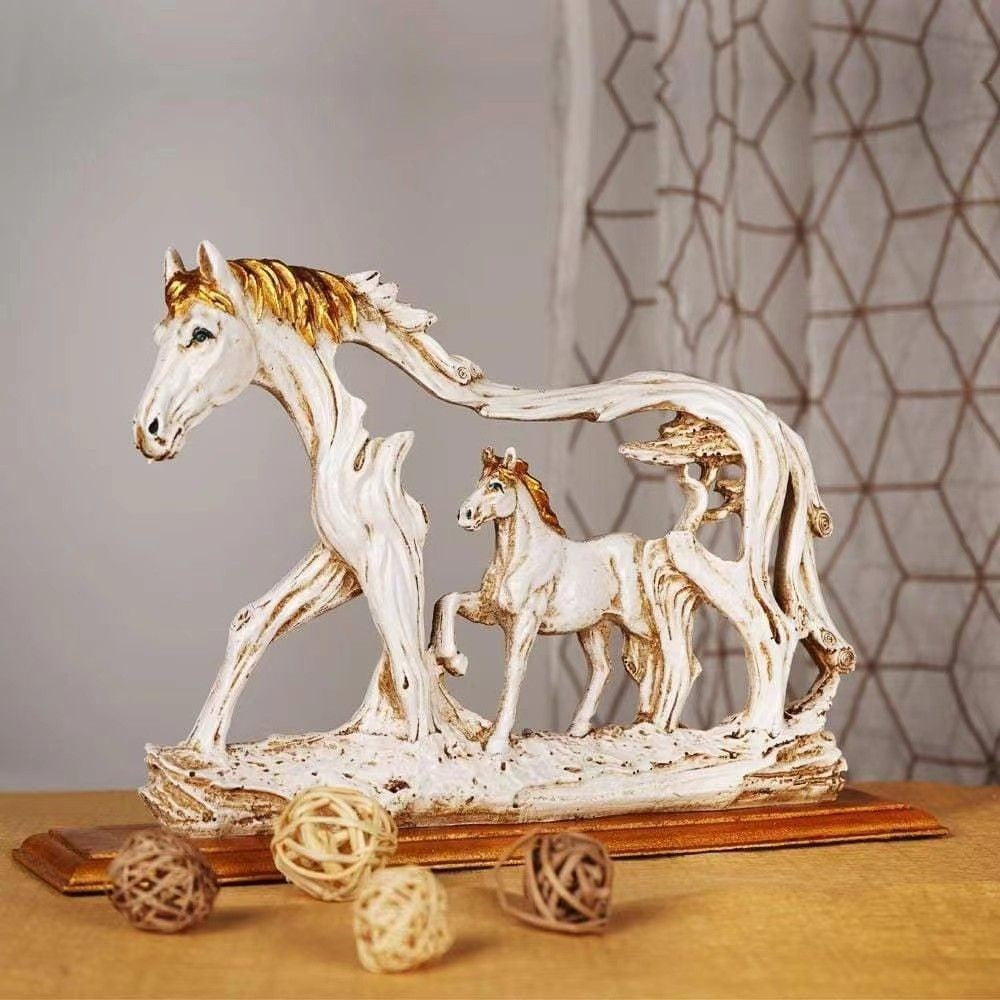 White Horse and Foal Figurine: Artistic Resin Sculpture for Home, Office & Bookshelf Decor – Symbol of Strength and Success