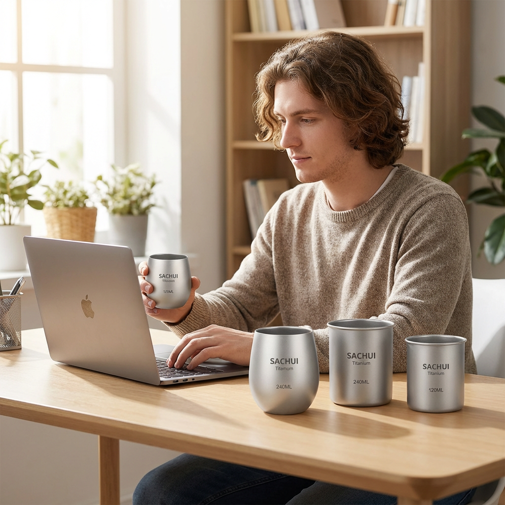 4-Piece Pure Titanium Cup Set – Double-Walled, Lightweight, Stackable Outdoor Drinking Cups for Camping, Hiking, Travel and Office Use (Gray)