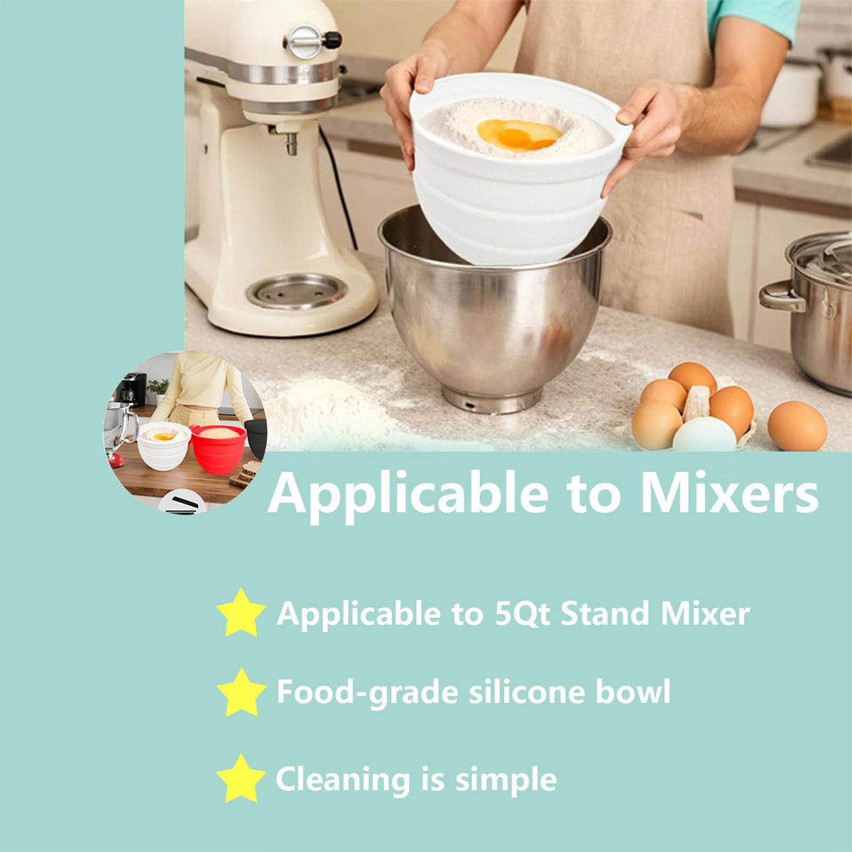 Silicone Bowl Liner for 4.5–5-Quart Stand Mixer – Food-Grade, Collapsible, Non-Stick Replacement Inner Bowl with Lid, Dishwasher Safe, Oven & Fridge Ready (White)