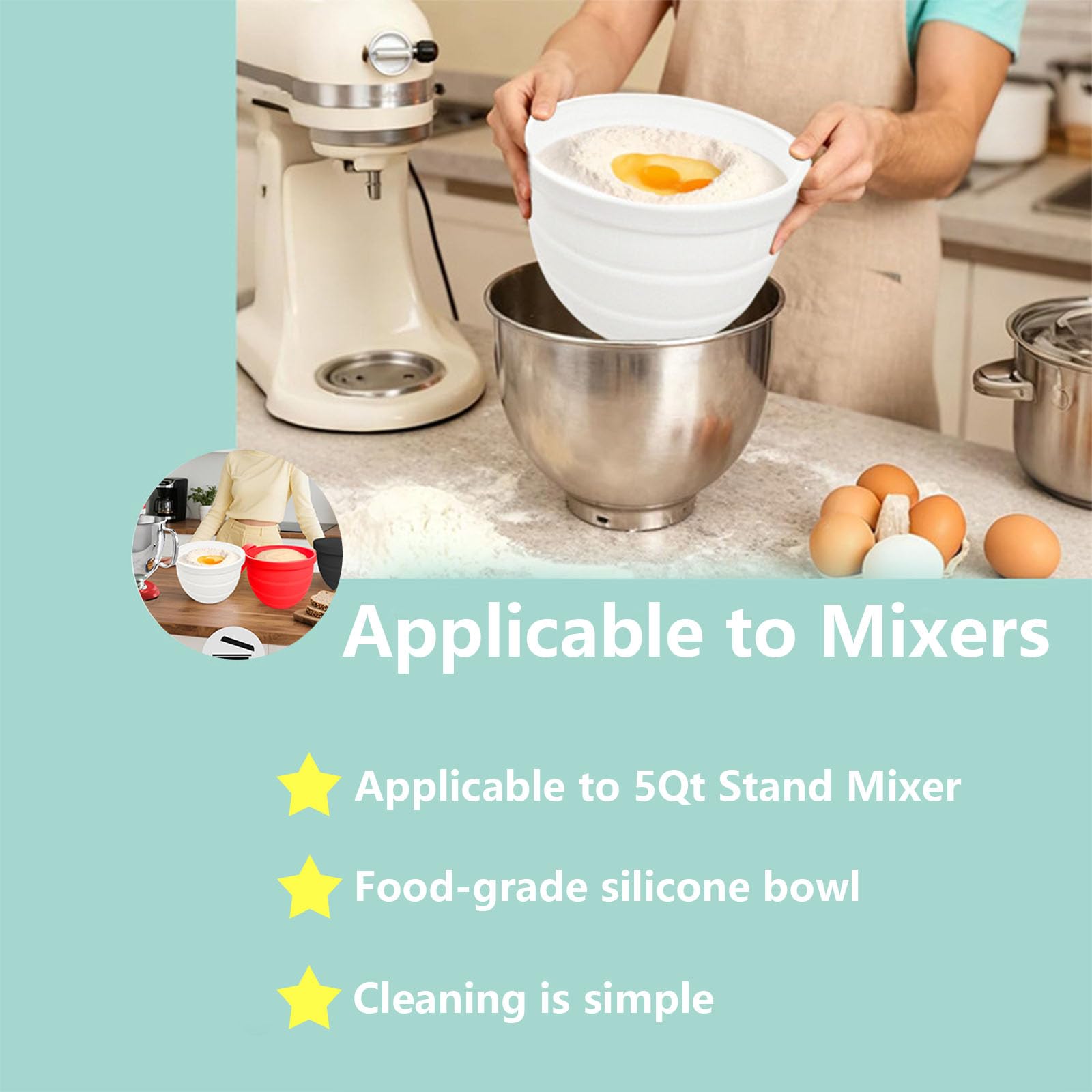 Silicone Bowl Liner for 4.5–5-Quart Stand Mixer – Food-Grade, Collapsible, Non-Stick Replacement Inner Bowl with Lid, Dishwasher Safe, Oven & Fridge Ready (Black)