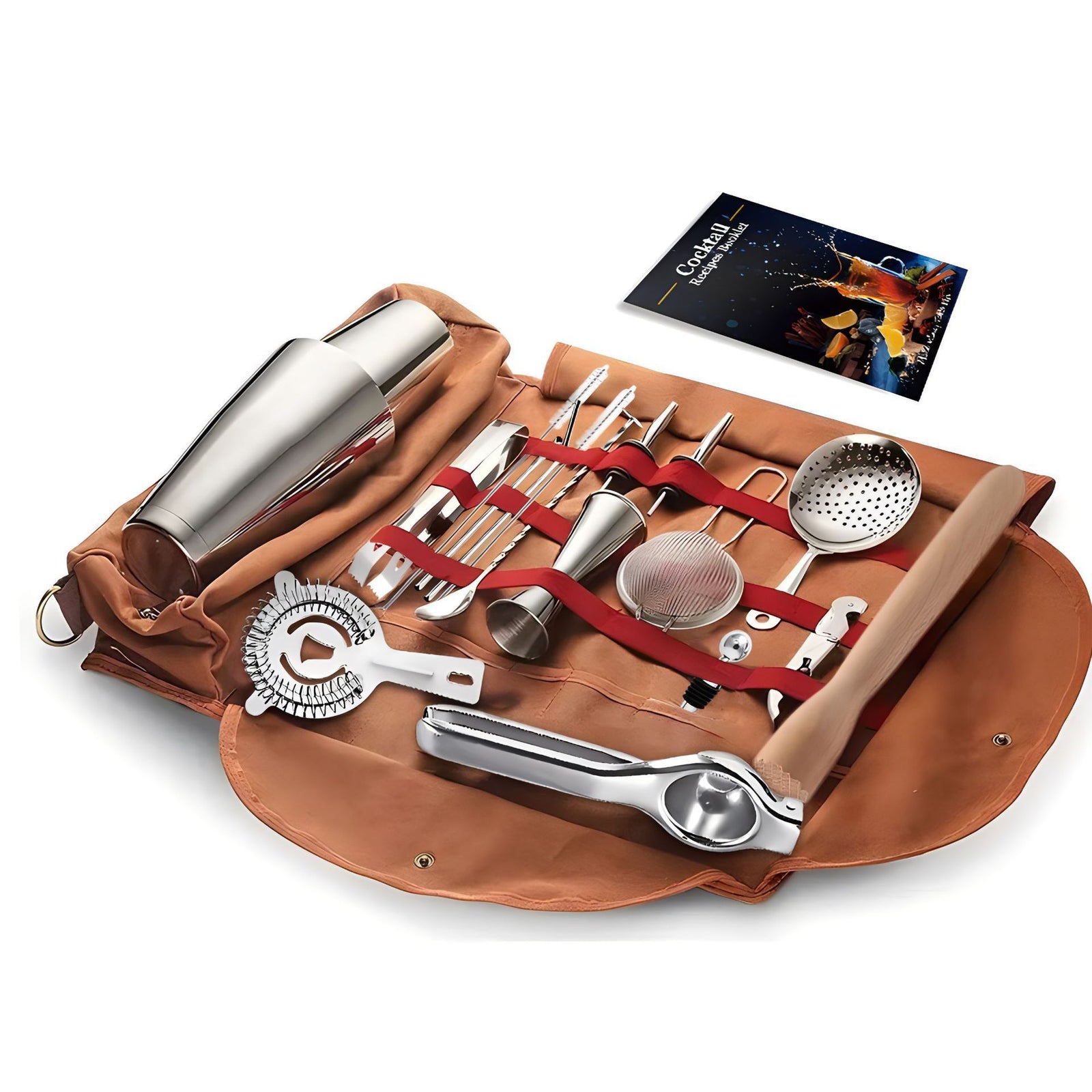 Professional 17-Piece Stainless Steel Cocktail Shaker Set with Canvas Carry Case – Complete Bar Tools Kit for Home, Travel, Parties – Includes Jigger, Strainer, Muddler, Spoon, Bottle Stopper (Brown)