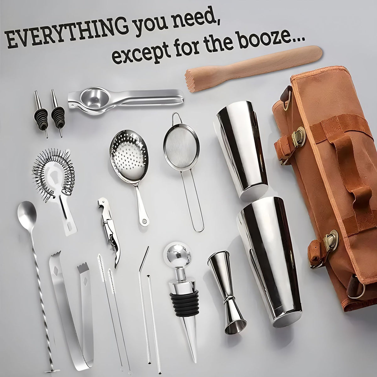 Professional 17-Piece Stainless Steel Cocktail Shaker Set with Canvas Carry Case – Complete Bar Tools Kit for Home, Travel, Parties – Includes Jigger, Strainer, Muddler, Spoon, Bottle Stopper (Brown)