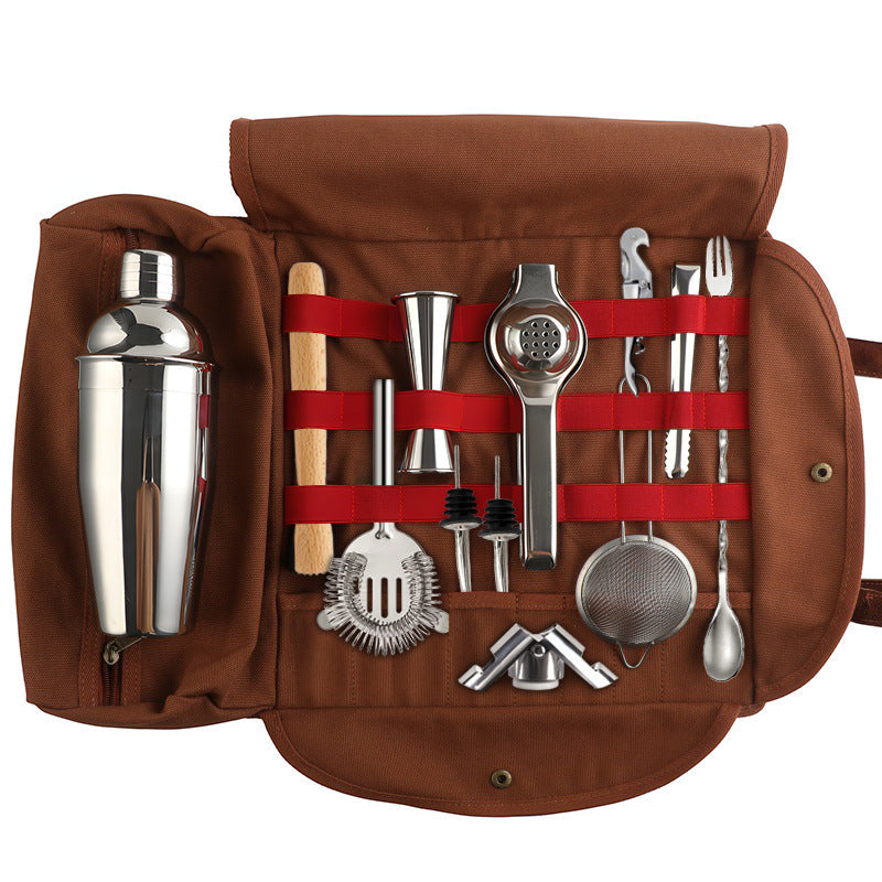 Professional 17-Piece Stainless Steel Cocktail Shaker Set with Canvas Carry Case – Complete Bar Tools Kit for Home, Travel, Parties – Includes Jigger, Strainer, Muddler, Spoon, Bottle Stopper (Brown)