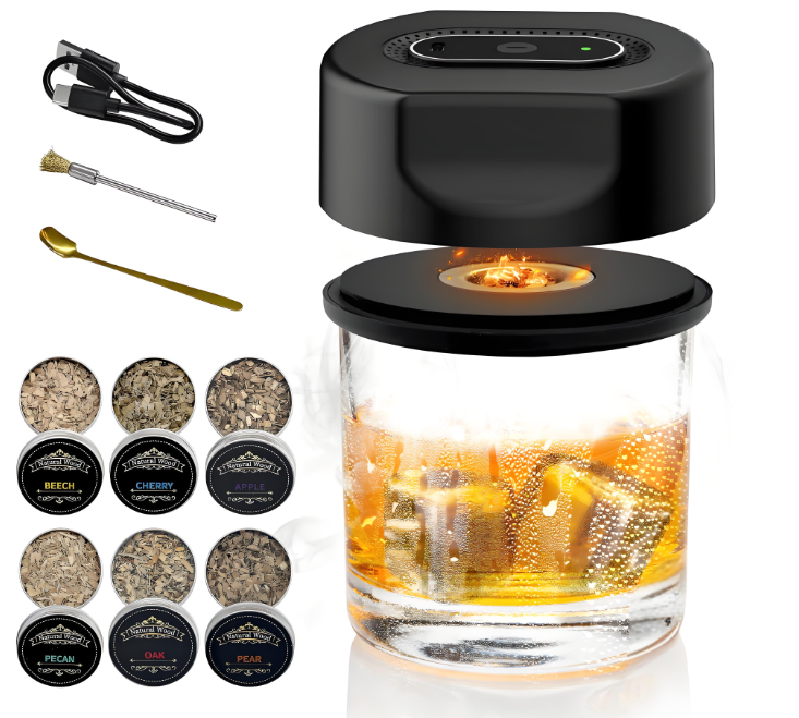 Black Smart Cocktail Smoker Kit – Electric Whiskey Smoke Generator with 6 Wood Chips, USB Rechargeable, One-Click Ignition | Perfect Gift for Men & Bar Enthusiasts