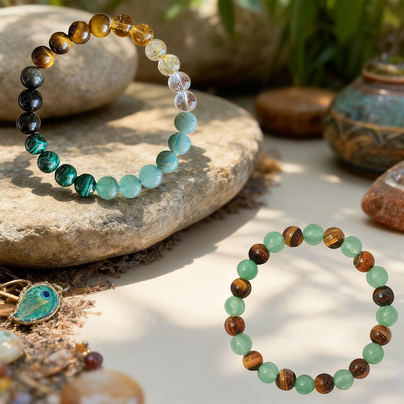 8mm Natural Stone Wealth Bracelet for Women & Men – Tiger Eye, Citrine, Malachite, Aquamarine Beaded Stretch Jewelry to Attract Money and Abundance