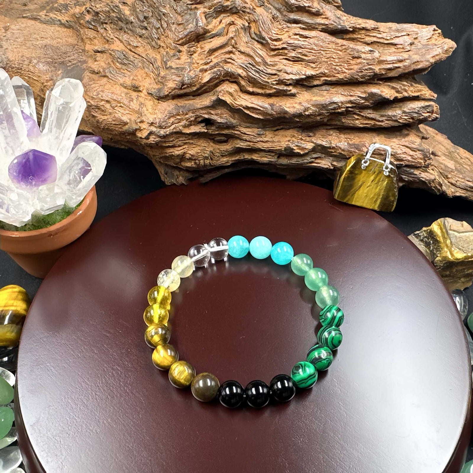 8mm Natural Stone Wealth Bracelet for Women & Men – Tiger Eye, Citrine, Malachite, Aquamarine Beaded Stretch Jewelry to Attract Money and Abundance