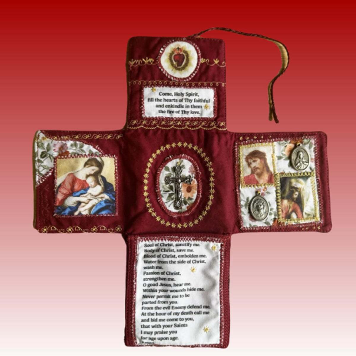 Mini Handcrafted Catholic Pocket Shrine – Foldable Prayer Altar with Silver Cross, Religious Art & Embroidered Prayers, Portable Faith Companion, 6.5 x 5.5 Inches (Pink)