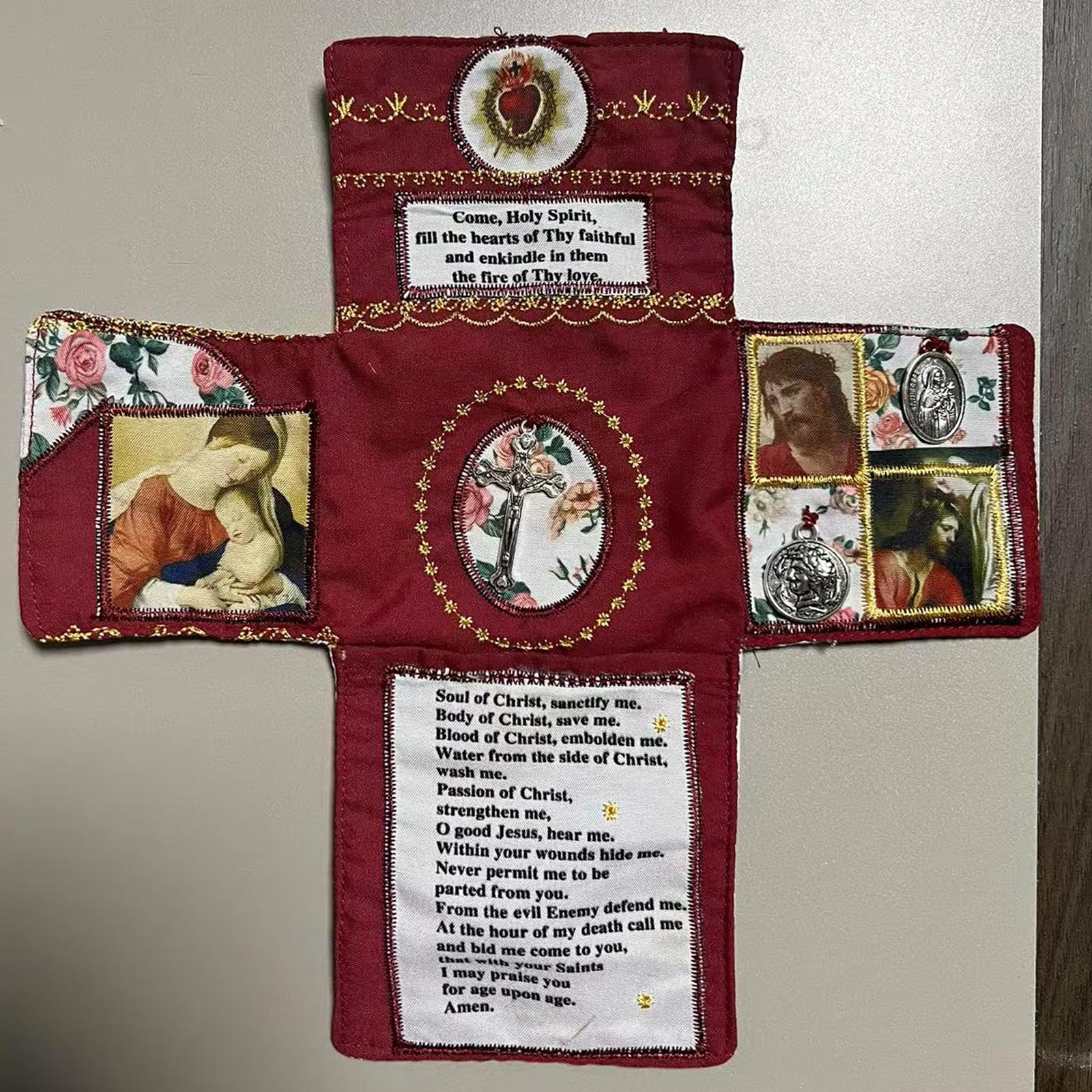 Mini Handcrafted Catholic Pocket Shrine – Foldable Prayer Altar with Silver Cross, Religious Art & Embroidered Prayers, Portable Faith Companion, 6.5 x 5.5 Inches (Pink)