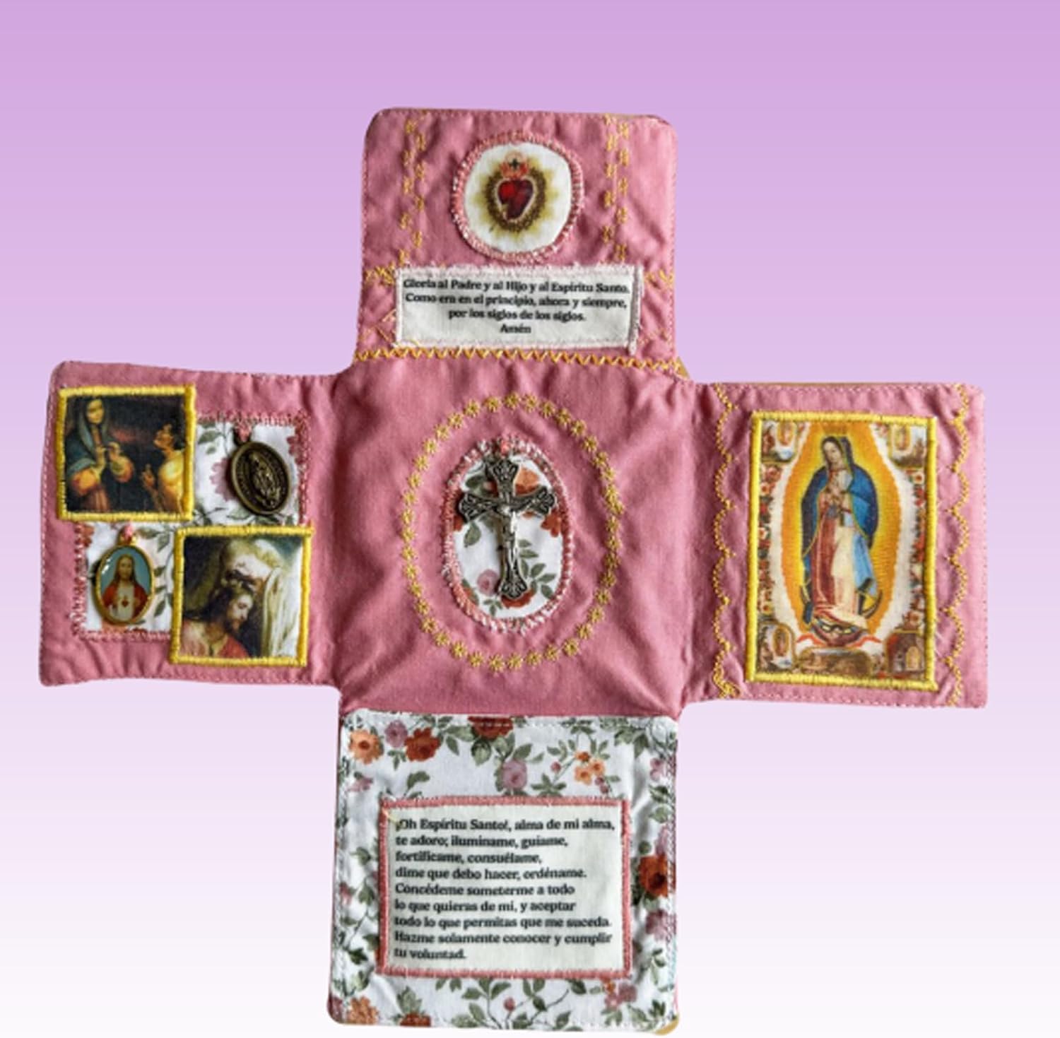 Mini Handcrafted Catholic Pocket Shrine – Foldable Prayer Altar with Silver Cross, Religious Art & Embroidered Prayers, Portable Faith Companion, 6.5 x 5.5 Inches (Red)