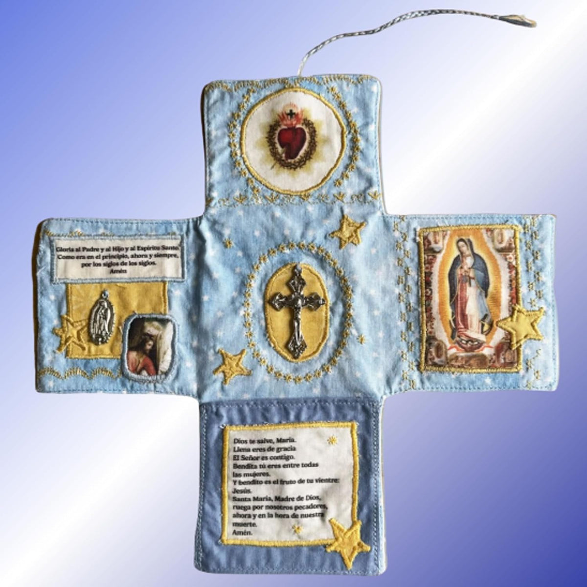 Mini Handcrafted Catholic Pocket Shrine – Foldable Prayer Altar with Silver Cross, Religious Art &amp; Embroidered Prayers, Portable Faith Companion, 6.5 x 5.5 Inches (Blue)