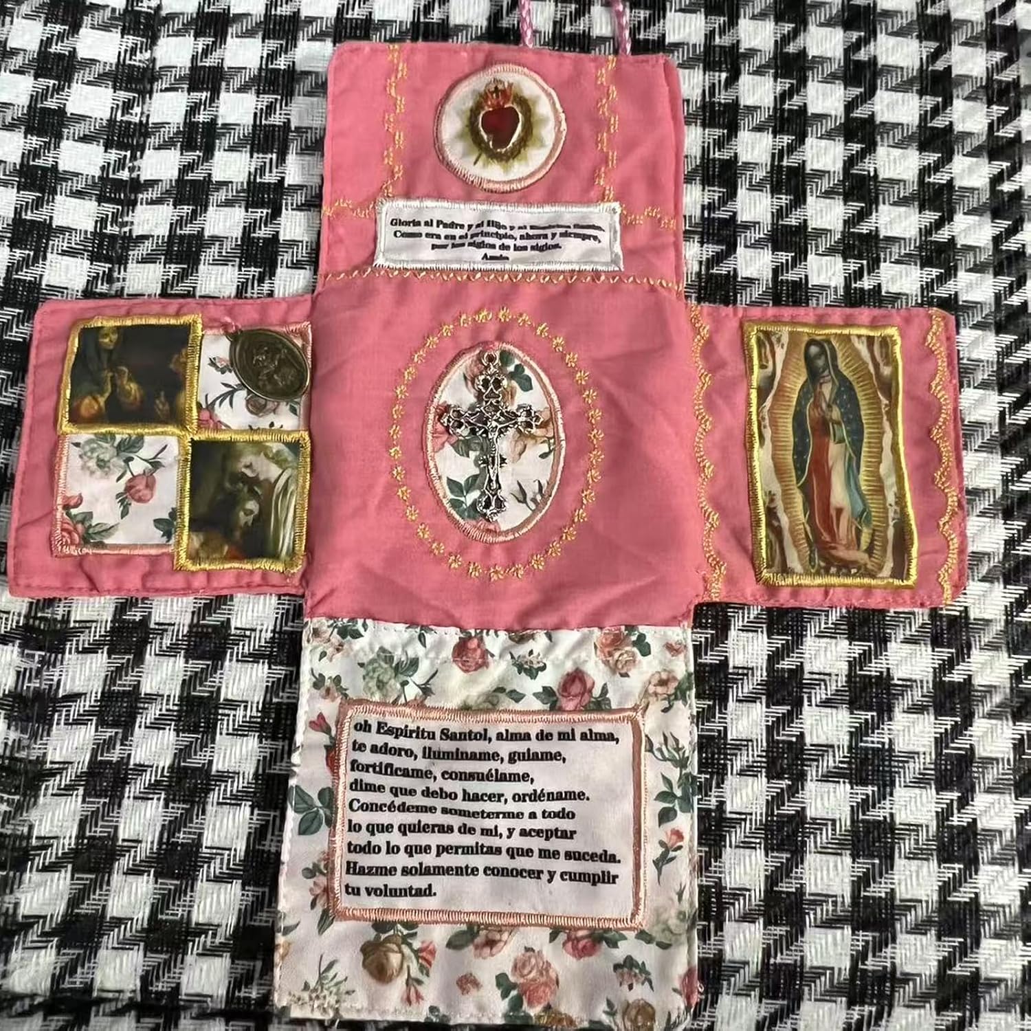 Mini Handcrafted Catholic Pocket Shrine – Foldable Prayer Altar with Silver Cross, Religious Art & Embroidered Prayers, Portable Faith Companion, 6.5 x 5.5 Inches (Blue)