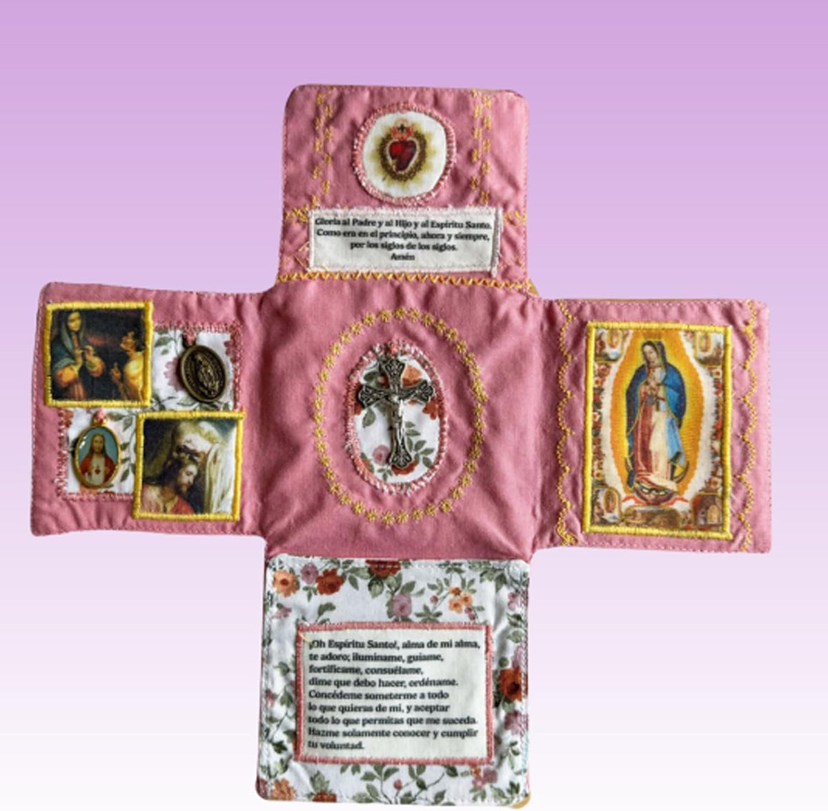 Mini Handcrafted Catholic Pocket Shrine – Foldable Prayer Altar with Silver Cross, Religious Art & Embroidered Prayers, Portable Faith Companion, 6.5 x 5.5 Inches (Blue)