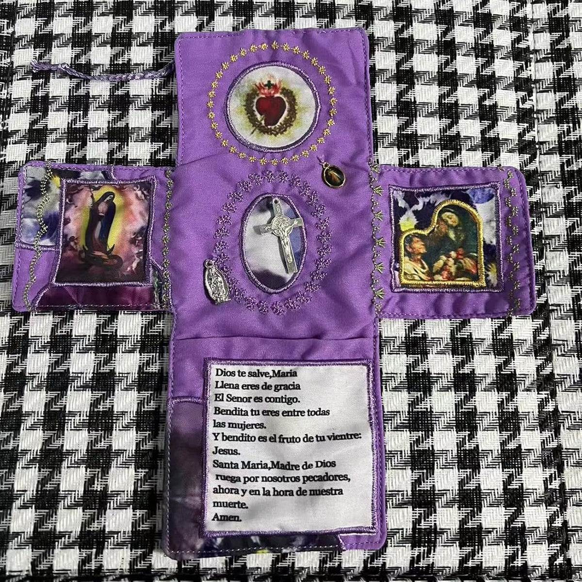 Mini Handcrafted Catholic Pocket Shrine – Foldable Prayer Altar with Silver Cross, Religious Art & Embroidered Prayers, Portable Faith Companion, 6.5 x 5.5 Inches (Purple)