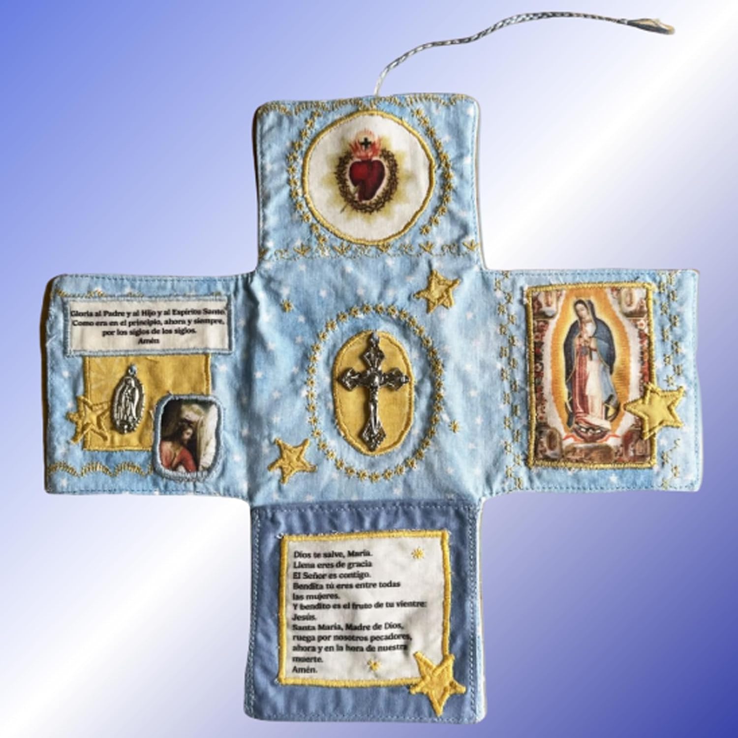 Mini Handcrafted Catholic Pocket Shrine – Foldable Prayer Altar with Silver Cross, Religious Art & Embroidered Prayers, Portable Faith Companion, 6.5 x 5.5 Inches (Purple)