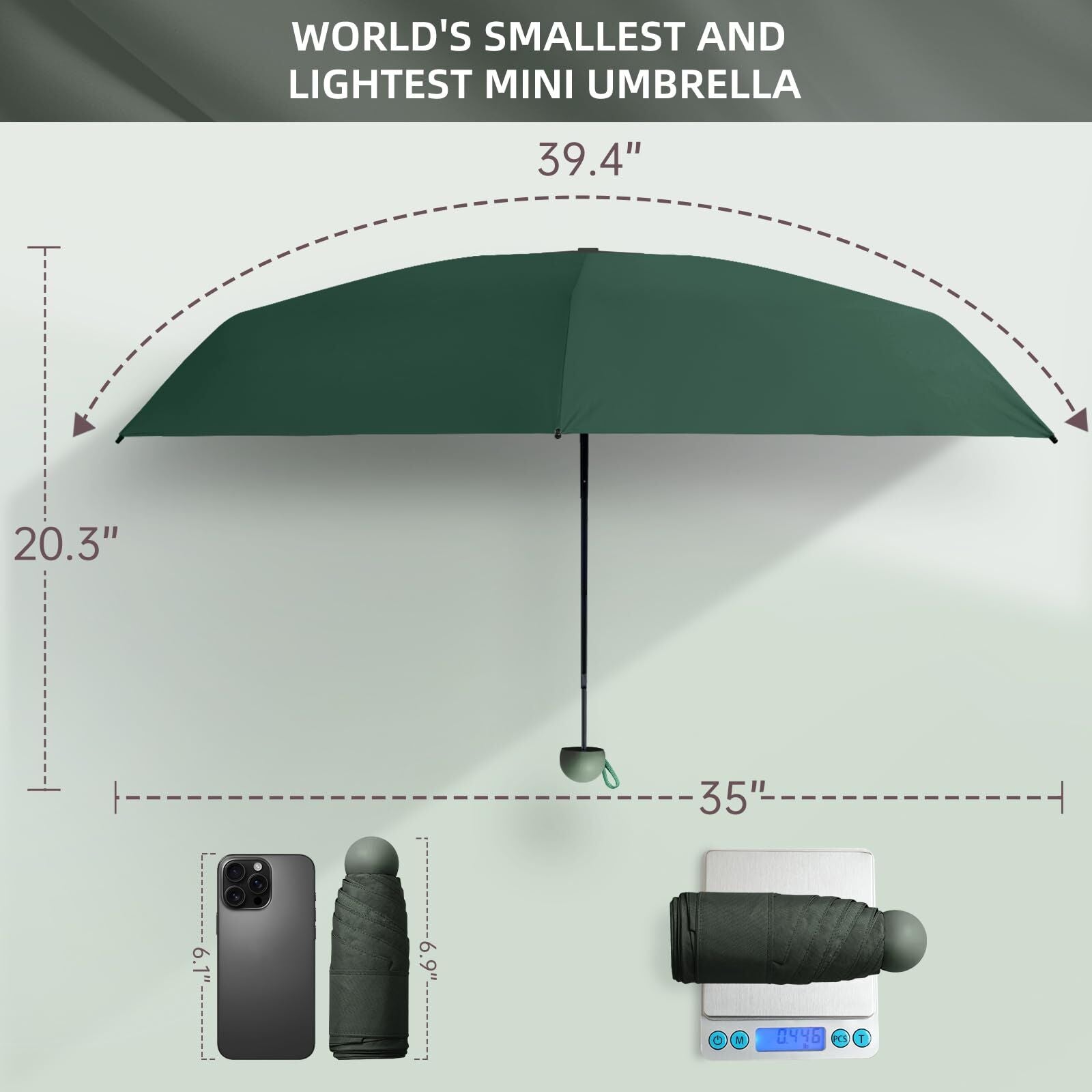 Mini Travel Umbrella – Compact Sun & Rain Protection for Women, Kids | UV-Blocking Pocket Umbrella with Case | Lightweight Foldable Umbrella（dark green）