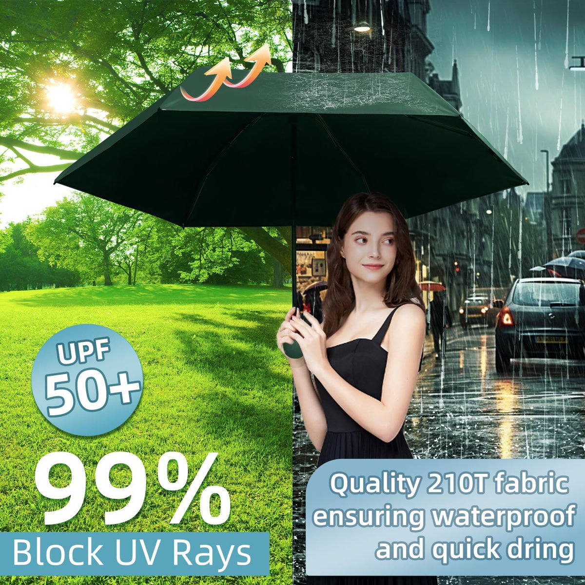 Mini Travel Umbrella – Compact Sun & Rain Protection for Women, Kids | UV-Blocking Pocket Umbrella with Case | Lightweight Foldable Umbrella（dark green）