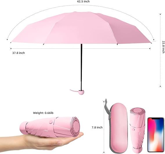 Mini Travel Umbrella – Compact Sun & Rain Protection for Women, Kids | UV-Blocking Pocket Umbrella with Case | Lightweight Foldable Umbrella（pink）