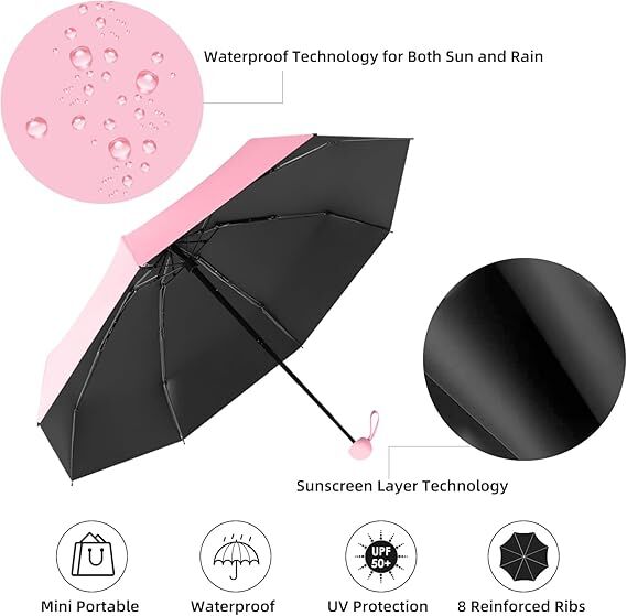 Mini Travel Umbrella – Compact Sun & Rain Protection for Women, Kids | UV-Blocking Pocket Umbrella with Case | Lightweight Foldable Umbrella（pink）
