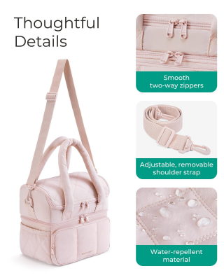 Double-Layer Insulated Lunch Bag with Quilted Design – 11.8L Cooler Tote for Work, Picnics & Travel (Pink) | Other Colors Available In-Store