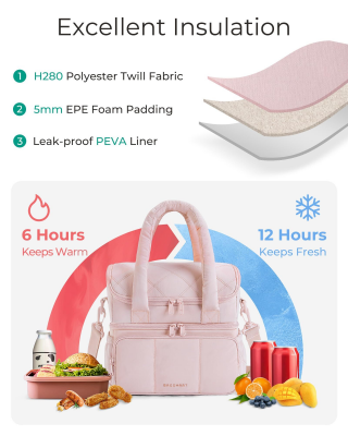 Double-Layer Insulated Lunch Bag with Quilted Design – 11.8L Cooler Tote for Work, Picnics & Travel (Beige) | Other Colors Available In-Store