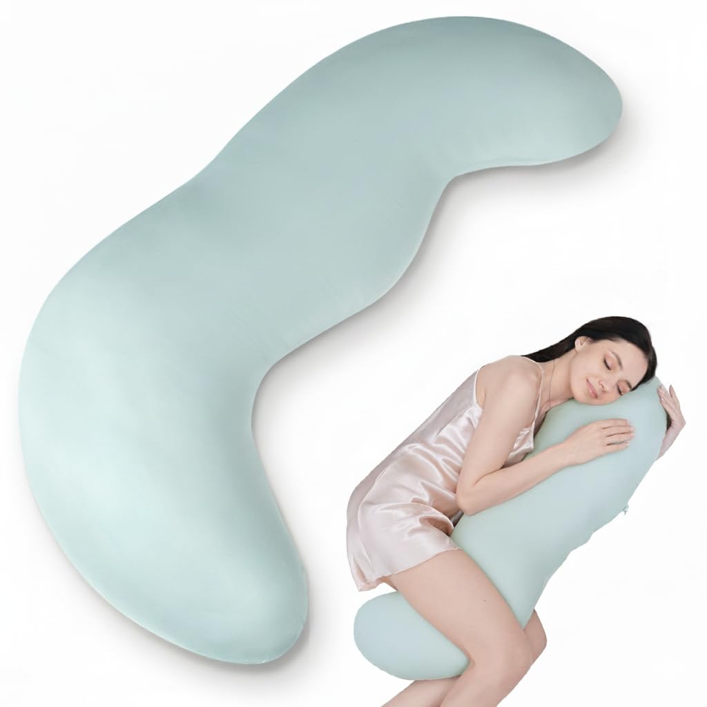 Pea Pod Shape Body Pillow for Adults – Full-Body Support Side Sleeper Pillow, Pregnancy &amp; Back Pain Relief, Soft Hug Pillow with Memory Fiber Filling (Light Blue)