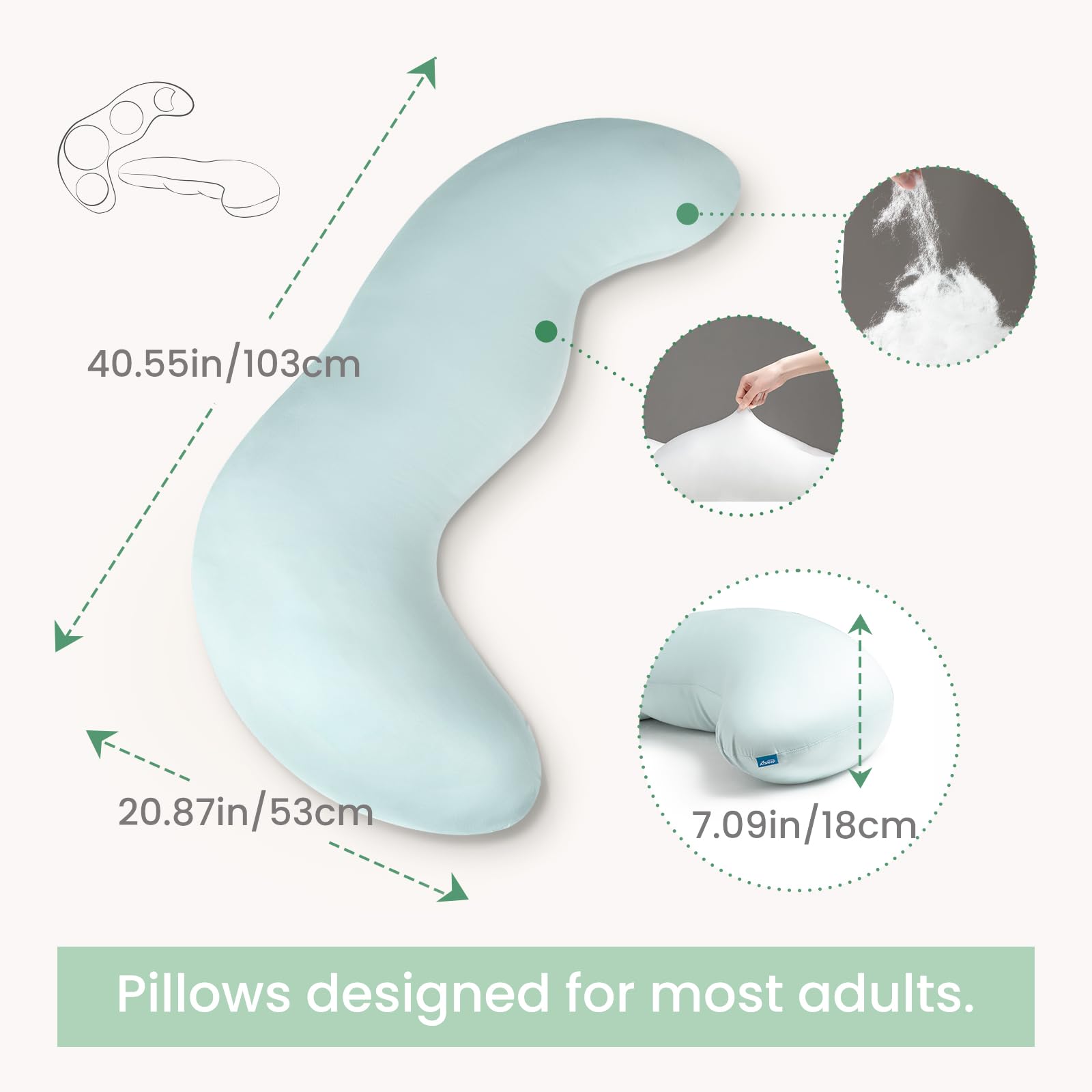 Pea Pod Shape Body Pillow for Adults – Full-Body Support Side Sleeper Pillow, Pregnancy & Back Pain Relief, Soft Hug Pillow with Memory Fiber Filling (Light Blue)