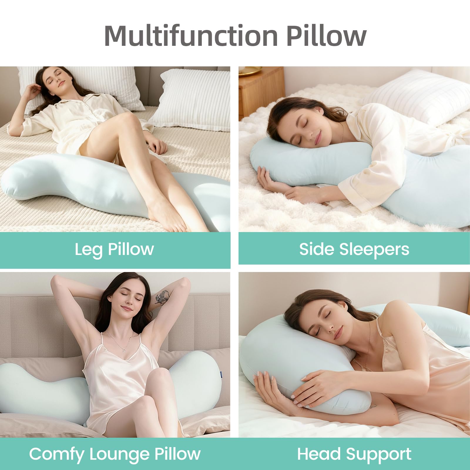 Pea Pod Shape Body Pillow for Adults – Full-Body Support Side Sleeper Pillow, Pregnancy & Back Pain Relief, Soft Hug Pillow with Memory Fiber Filling (Light Blue)