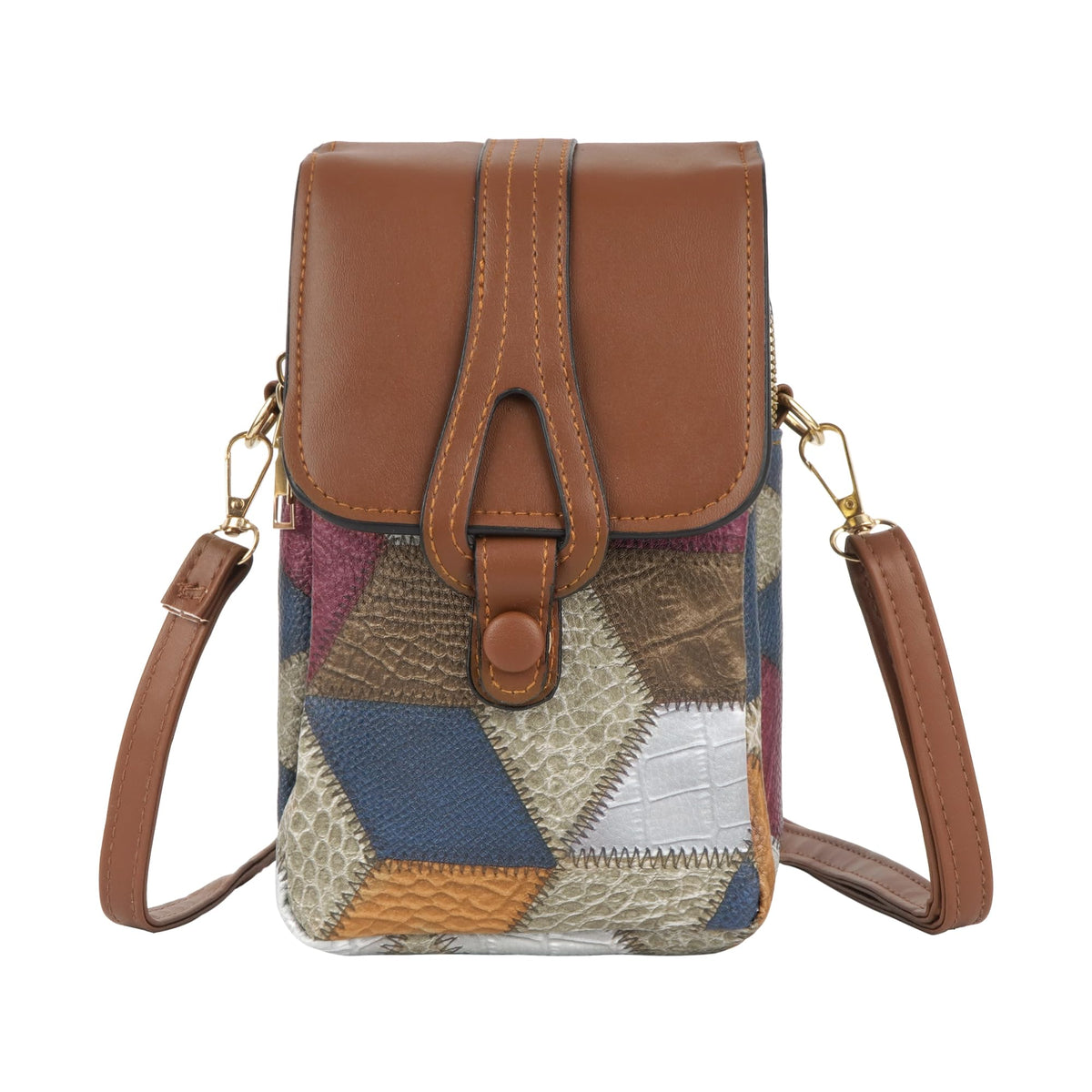 Color-Block Diamond Pattern PU Leather Crossbody Phone Bag – Retro Mini Wallet with Adjustable Strap &amp; Dual Zipper Closure (Brown)