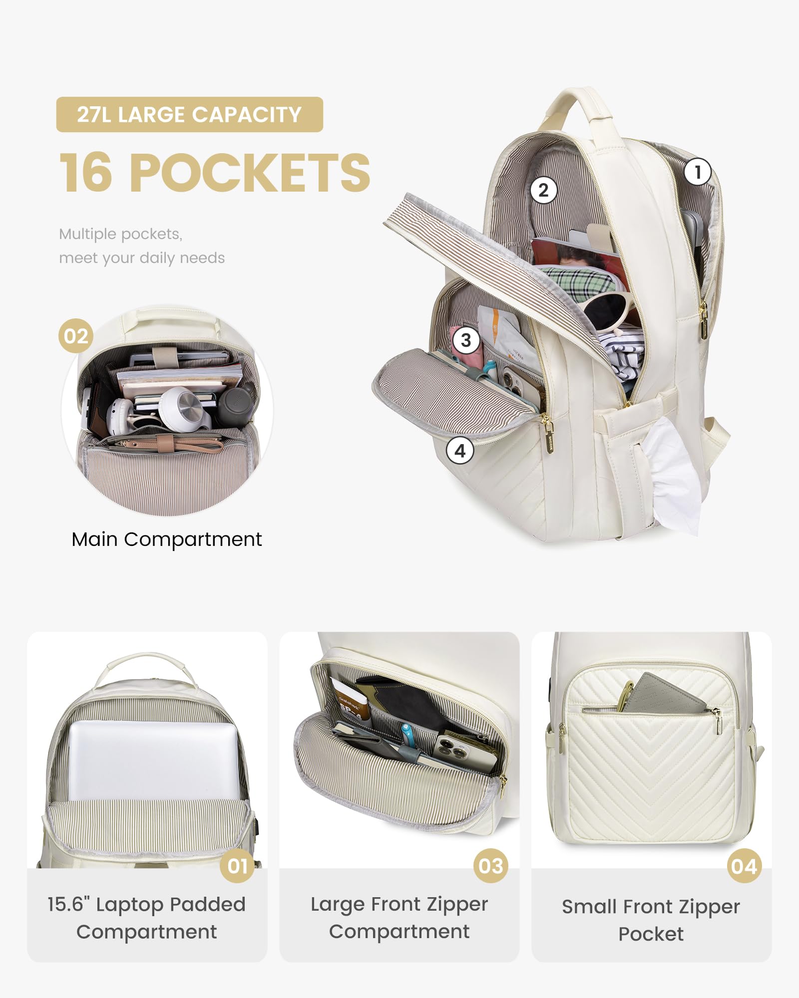 Stylish Laptop Backpack for Women – Large Capacity 27L Computer Bag with 15.6 Inch Compartment, USB Charging Port & 16 Pockets – Ideal for College, Work & Travel (White)