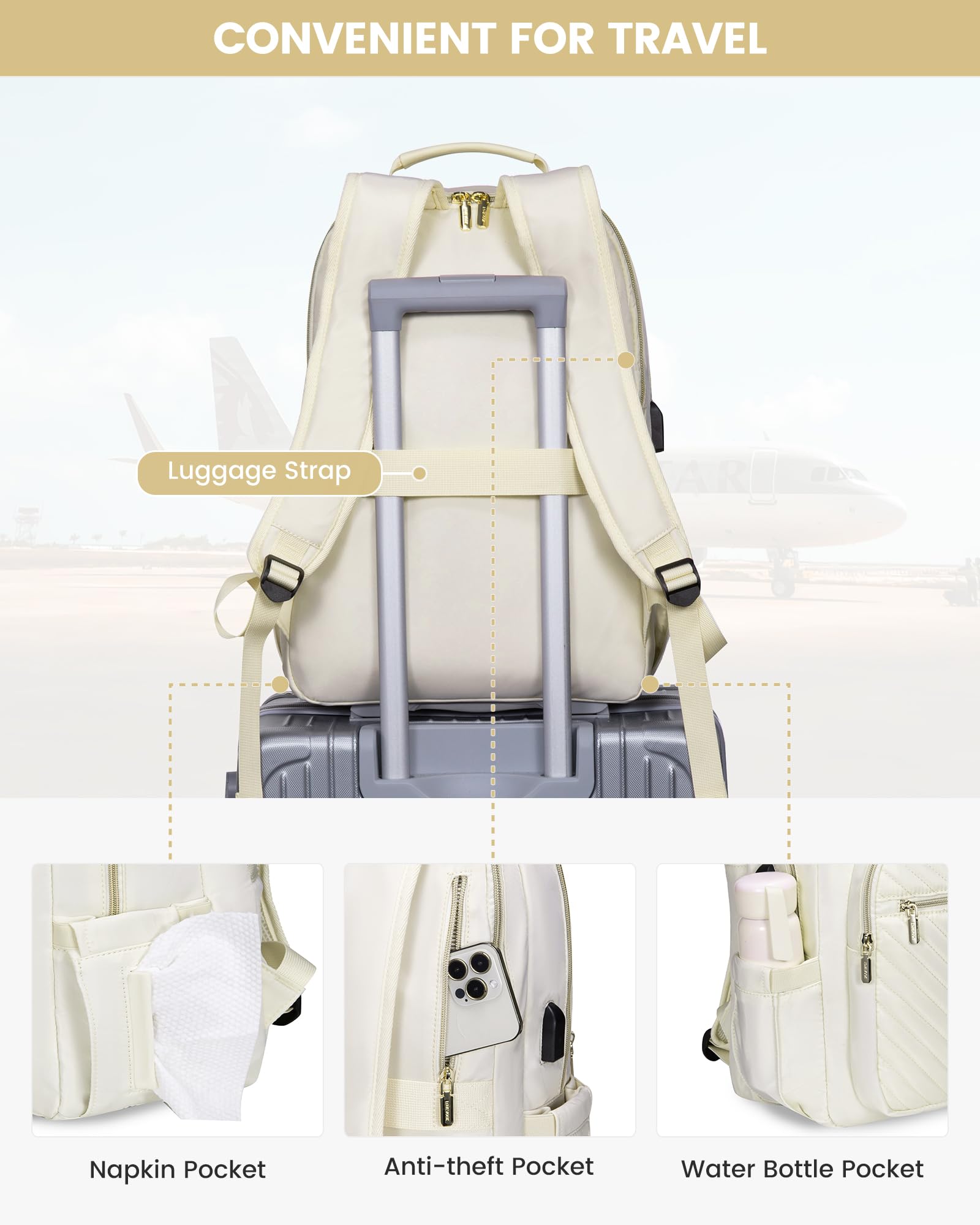 Stylish Laptop Backpack for Women – Large Capacity 27L Computer Bag with 15.6 Inch Compartment, USB Charging Port & 16 Pockets – Ideal for College, Work & Travel (White)