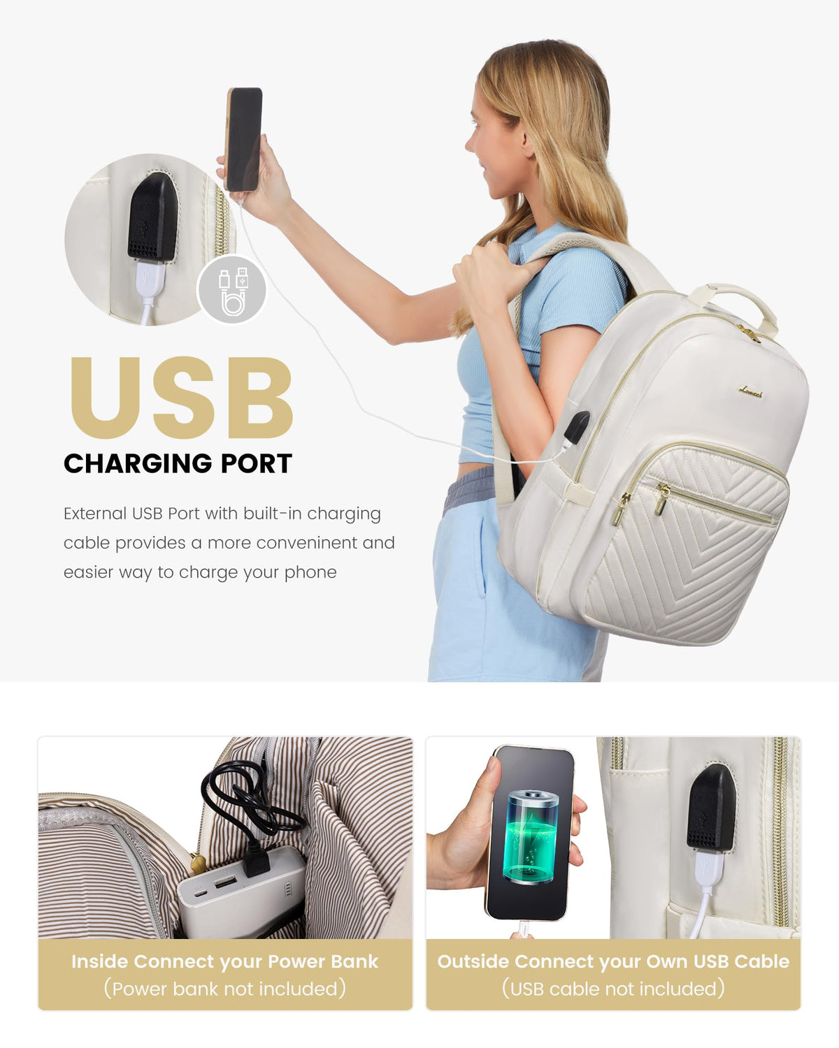 Stylish Laptop Backpack for Women – Large Capacity 27L Computer Bag with 15.6 Inch Compartment, USB Charging Port & 16 Pockets – Ideal for College, Work & Travel (White)