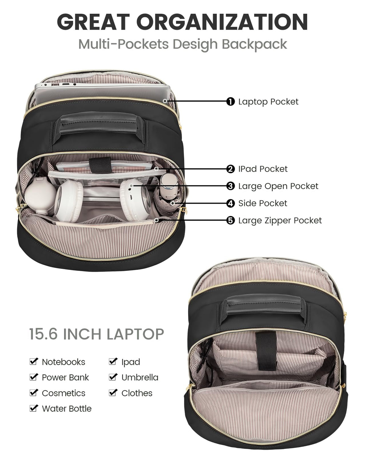 Stylish Laptop Backpack for Women – Large Capacity 27L Computer Bag with 15.6 Inch Compartment, USB Charging Port & 16 Pockets – Ideal for College, Work & Travel (Black)