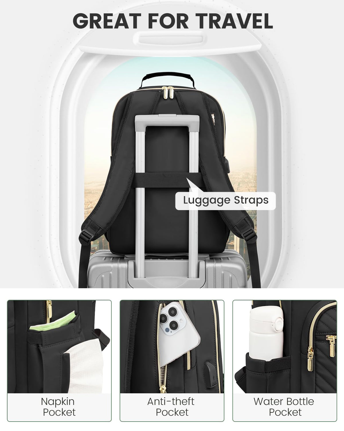 Stylish Laptop Backpack for Women – Large Capacity 27L Computer Bag with 15.6 Inch Compartment, USB Charging Port & 16 Pockets – Ideal for College, Work & Travel (Black)