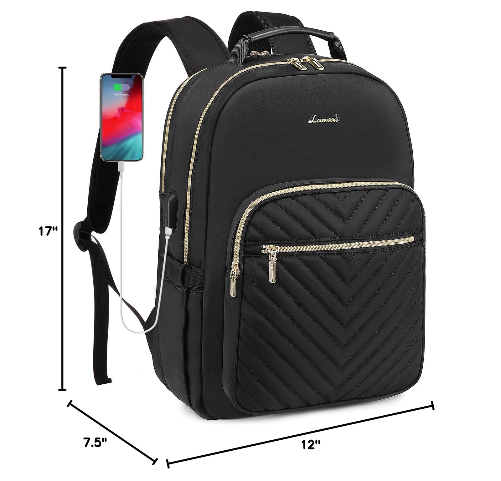 Stylish Laptop Backpack for Women – Large Capacity 27L Computer Bag with 15.6 Inch Compartment, USB Charging Port & 16 Pockets – Ideal for College, Work & Travel (Black)