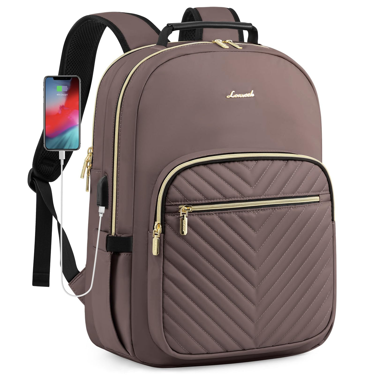 Stylish Laptop Backpack for Women – Large Capacity 27L Computer Bag with 15.6 Inch Compartment, USB Charging Port &amp; 16 Pockets – Ideal for College, Work &amp; Travel (Brown)