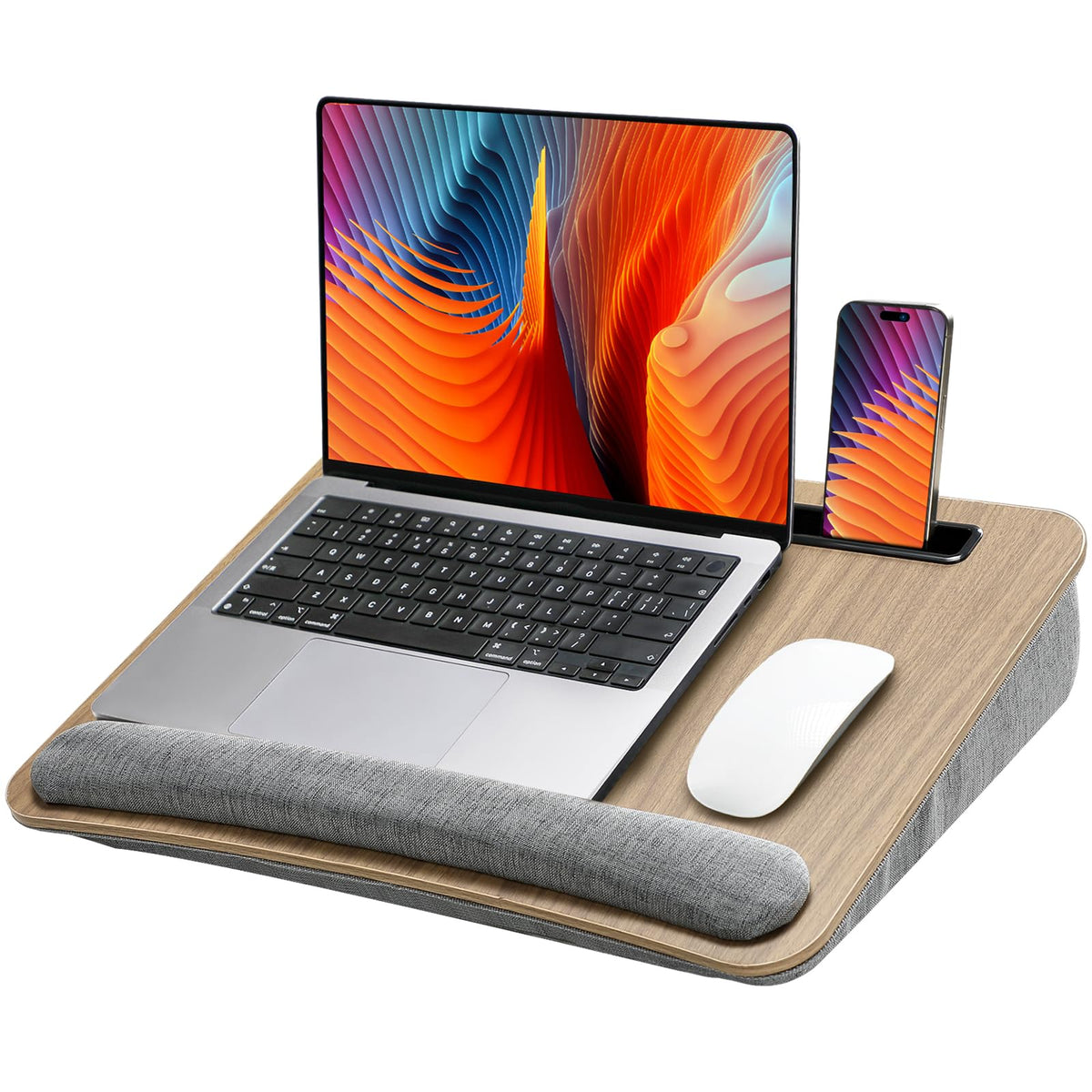 Portable Lap Desk for Students, Remote Workers &amp; Readers – Laptop Table with Wrist Rest, Storage Pockets, Fits up to 15.6 inch Laptop for Bed, Couch or Dorm Use (Wood Grain)