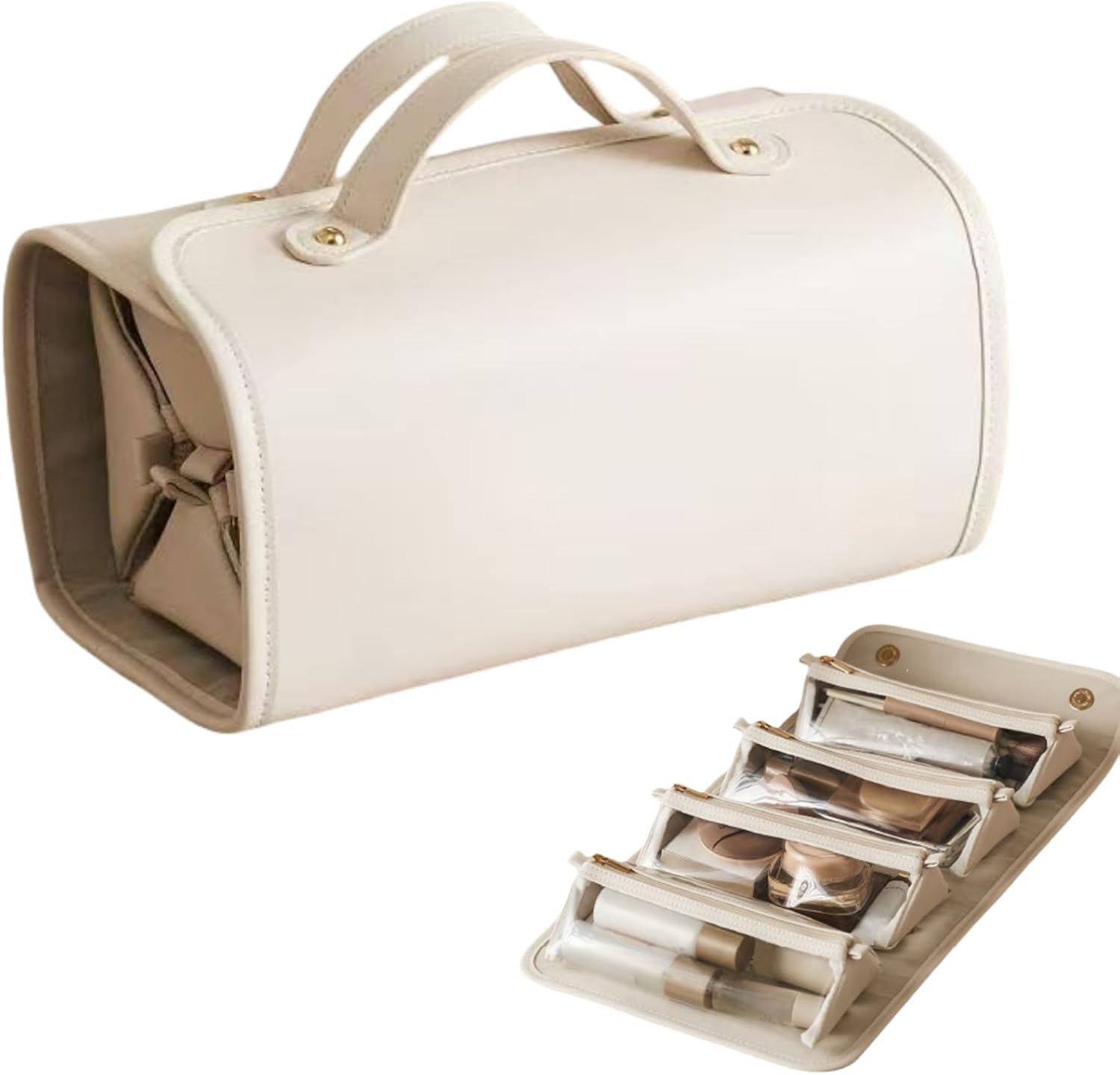 4-in-1 Expandable Makeup Bag with Removable Pockets – Waterproof Travel Cosmetic Organizer for Women, Large Capacity Vanity Case with Hanging Design (White)