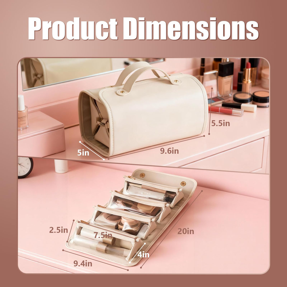 4-in-1 Expandable Makeup Bag with Removable Pockets – Waterproof Travel Cosmetic Organizer for Women, Large Capacity Vanity Case with Hanging Design (White)