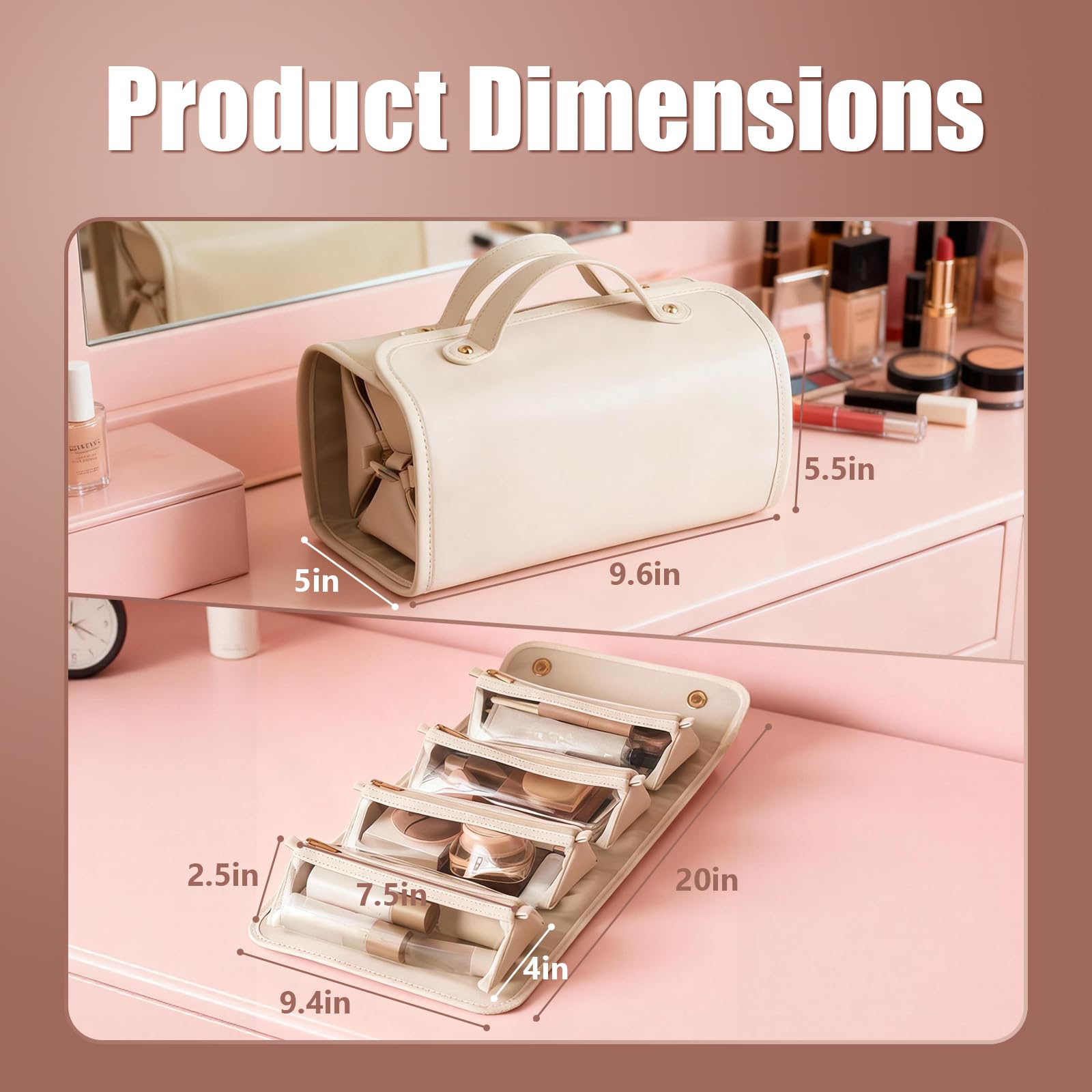 4-in-1 Expandable Makeup Bag with Removable Pockets – Waterproof Travel Cosmetic Organizer for Women, Large Capacity Vanity Case with Hanging Design (White)