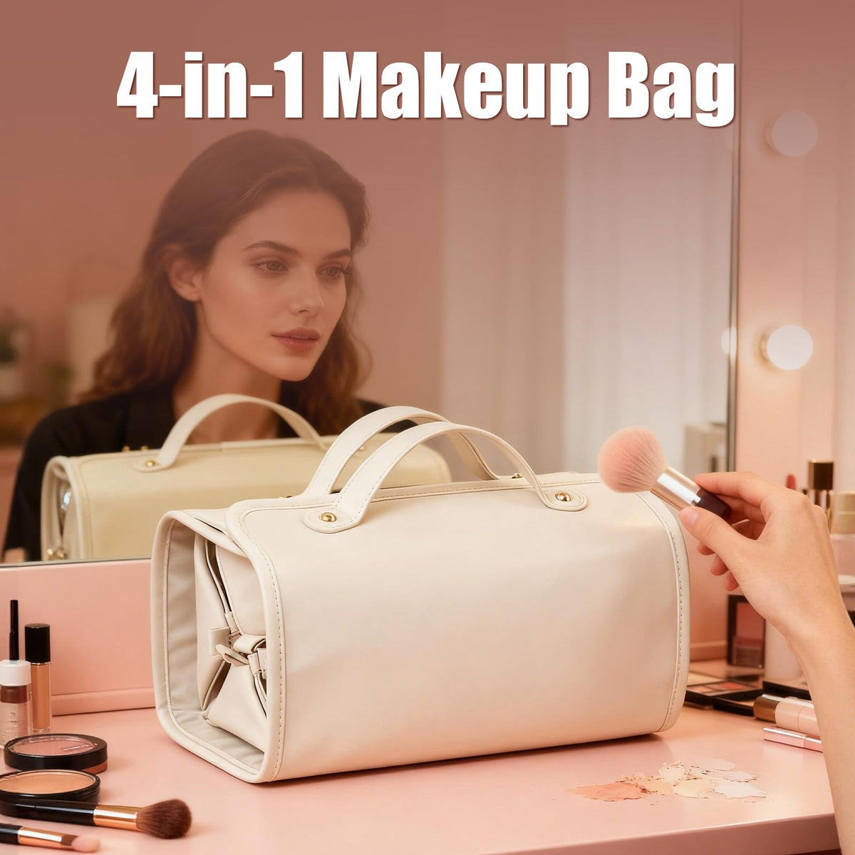 4-in-1 Expandable Makeup Bag with Removable Pockets – Waterproof Travel Cosmetic Organizer for Women, Large Capacity Vanity Case with Hanging Design (White)