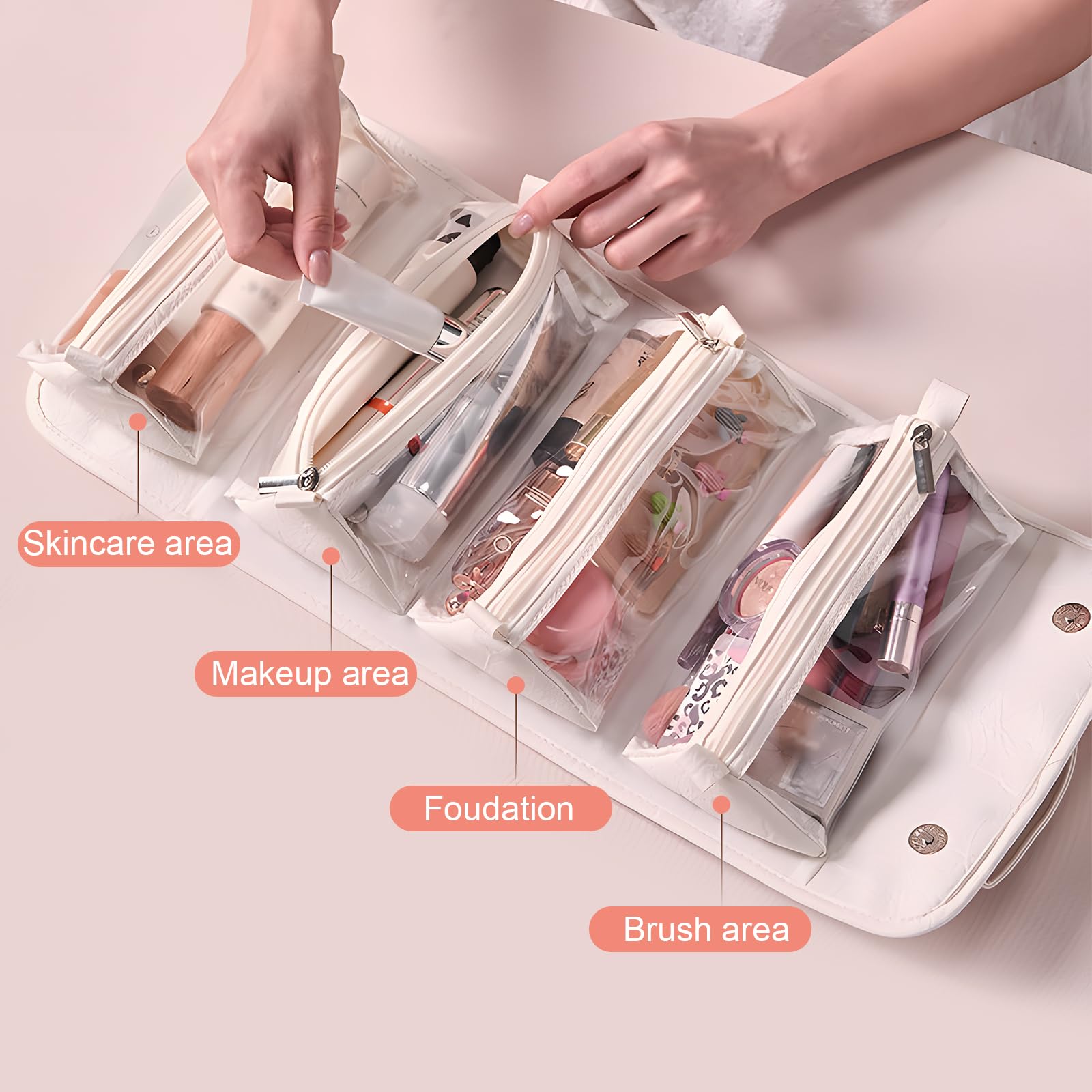 4-in-1 Expandable Makeup Bag with Removable Pockets – Waterproof Travel Cosmetic Organizer for Women, Large Capacity Vanity Case with Hanging Design (Pink)