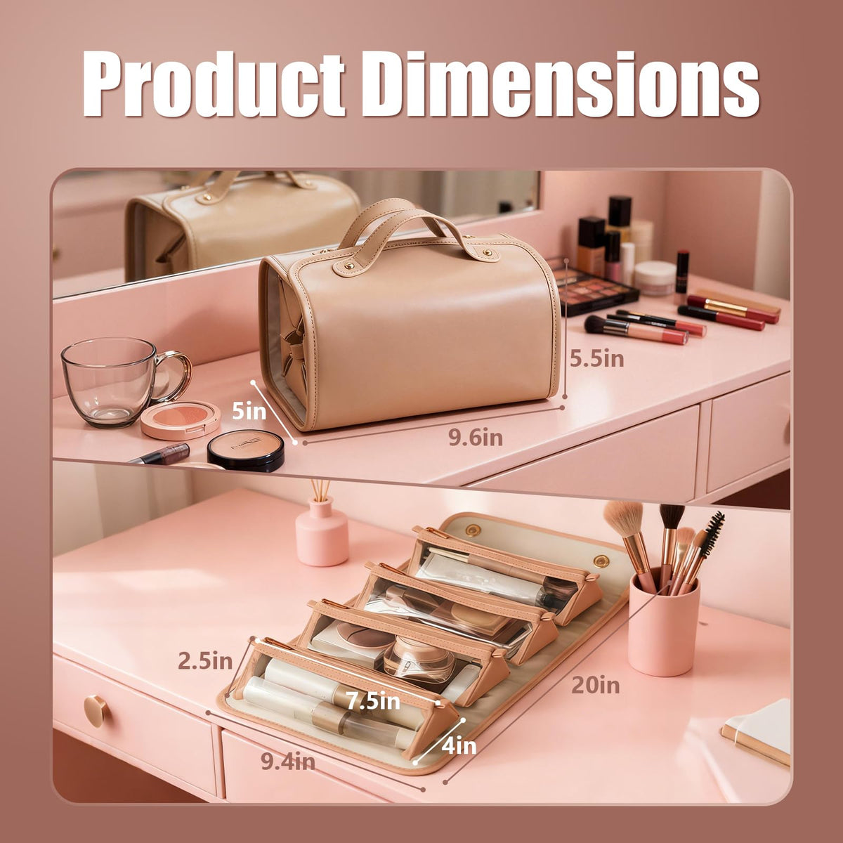 4-in-1 Expandable Makeup Bag with Removable Pockets – Waterproof Travel Cosmetic Organizer for Women, Large Capacity Vanity Case with Hanging Design (Brown)